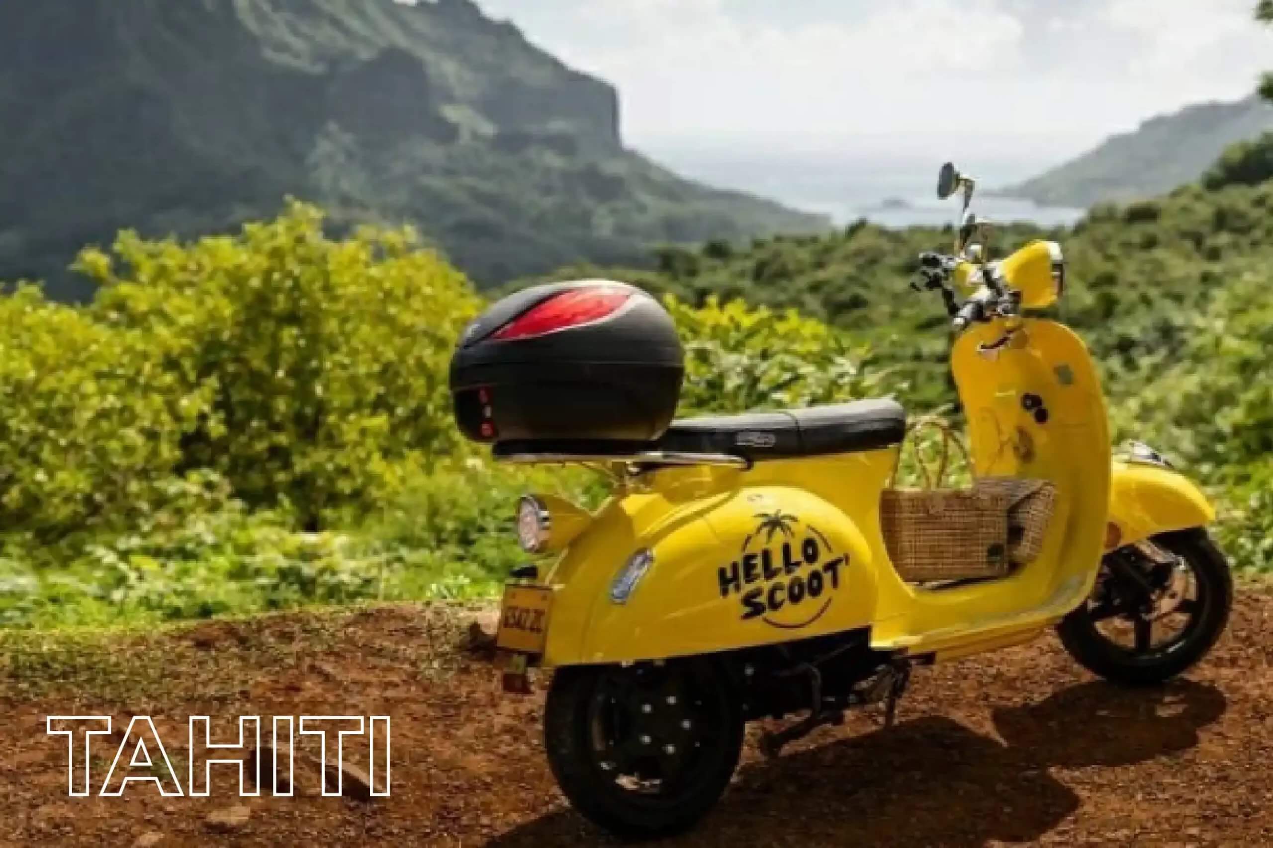 Hello Scoot' yellow scooter in Tahiti
